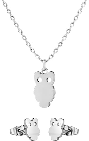 BS Schmuckdesign Halskette Damen Schmuck Set Eulen Motiv verspieltes Design Edelstahl-Kette mit Anhänger Kette und Ohrringe Glieder-Kette wasserfest & hypoallergen Größe verstellbar (Silber)