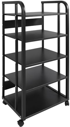 HiFi Rack su ruote con 5 livelli, ripiano regolabile Hi-Fi, 50 x 40 x 100 cm, giradischi, tavolo in legno massello, truciolato e acciaio scaffalatura per lettori DVD, impianto stereo, console da gioco