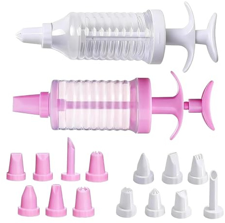 2 Pcs Cake Piping Kit, 16 Pcs Nozzles Icing Piping Set for Cake Decorating | Cupcake, Cream DIY, Birthday Party, Bakery & Home Baking, Baking Lovers, Easy to Use & Clean (White & Pink)