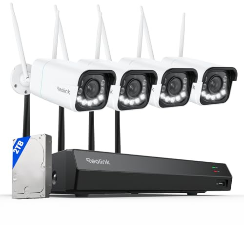 Reolink 4K 8MP Wi-Fi 6 Überwachungskamera Aussen mit 5X Optischem Zoom, Farbnachtsicht, Intelligente Erkennung, 2-Wege-Audio, 4K 12CH WLAN NVR mit Wi-Fi 6, Integrierte 2TB HDD, 4X RLC-811WA + RLN12W