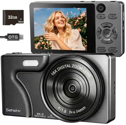 Fotocamera compatta 4K 64MP con scheda SD da 32 GB, schermo IPS da 2,8, zoom digitale 18x, autofocus, batteria da 2000 mAh, trasferimento USB, regalo per bambini, adolescenti e principianti, nero