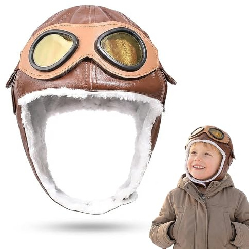 Kids Aviator Hat with Goggles, Faux Leather Fur Lined Pilot Style Winter Hat for Children, Vintage Flying Cap Headwear for Boys Girls, Photos, Parties, Halloween and Themed Outfits, Black Brown