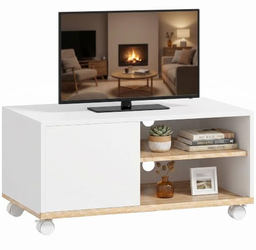 HOMCOM TV Schrank Lowboard auf Rollen Weiß und Eiche 80 x 45 x 41 cm | Schrank, Kabelführung, Verstellbare Ablage, Fernsehtisch für Fernseher bis 32 Zoll, TV Unterschrank