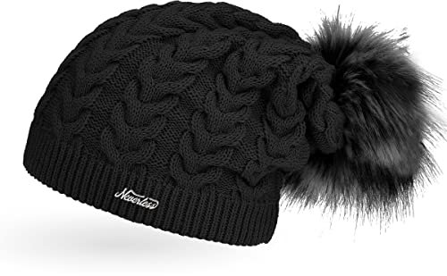 Neverless® Damen Strickmütze mit Fleecefutter Pudelmütze Wintermütze Warm & Gefüttert mit Bommel Model 1975 Schwarz Unisize