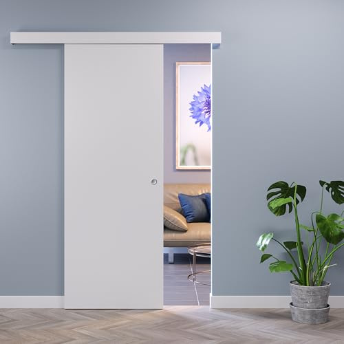 Porta scorrevole esterno muro BIANCO completa di binario e mantovana (70x210 cm) (con maniglietta Ottone Lucido)