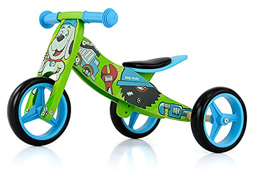Milly Mally Jake balanscykel med två eller tre hjul träbalanscykel från 1 till 3 år (gröna bilar)