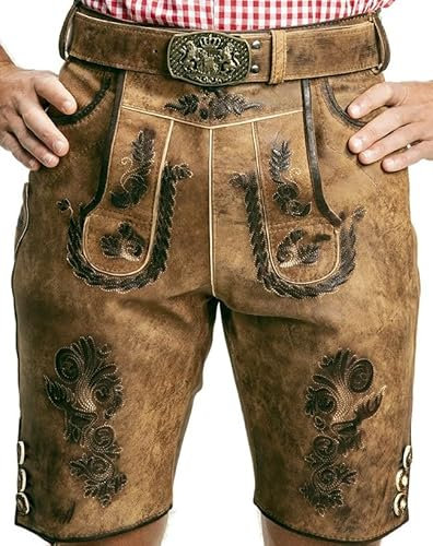 SYMPHONIE WESTERWALD Bayerische Herren Trachten Lederhose mit Trachtengürtel + Hosenträger, speckig, antik Look, braun, Gr. 46