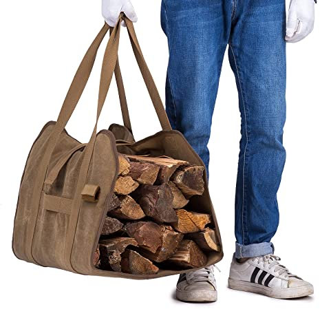 Geisofu Firewood Carrier, Waxed Canvas Bag, Heavy Duty Tote Bag for Logs, Wood Carrying, Fireplace Carrier for Wood Stove Accessories, Log In Firewood Carrier Holder