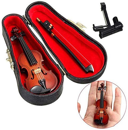 Esoes Hölzerne Violine Miniatur Musikinstrument Modell, Mini schöne künstliche Violine Puppenhaus Ornament Urlaub Zubehör Geschenk mit Unterstützung Stehen Bogen und schwarzen Fall