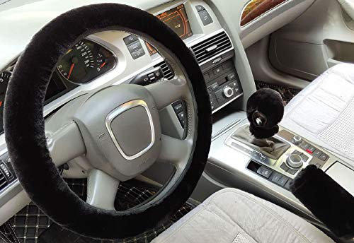 IXITON 3 Stück weiche Kunstwolle Plüsch Lenkradabdeckung, Universelle Verdickung Warmes rutschfestes Auto-Interieur, Flauschige Handbremsabdeckung und Schaltabdeckung (Automatic,Black)