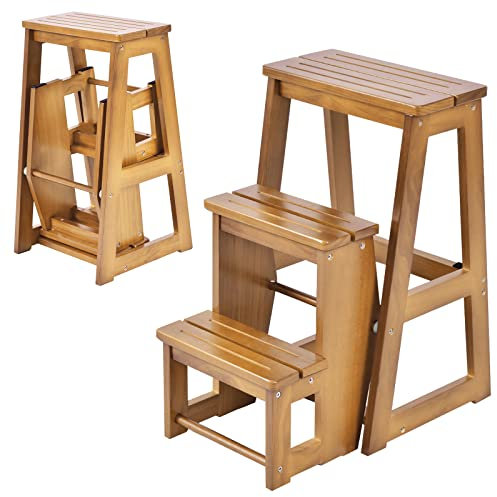 GIANTEX 2 in 1 Scaletta e Sgabello Legno, Sgabello Scala Pieghevole, a 3 Gradini, Portata di 150 kg, Richiudibile e Salvaspazio, Ideale per Soggiorno/Studio/Ufficio, 38,5x57x66 cm, 2 Colori…