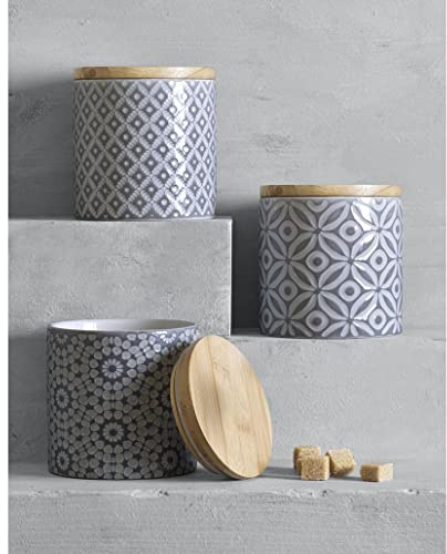 MND Dealings ®Amazing Set of 3 Embossed Grey Geometric Design Ceramic Canisters/Jars for the Kitchen Counter Jars, Food Storage Sets for Tea, Sugar, Coffee with Air Tight Bamboo Lids-Grey