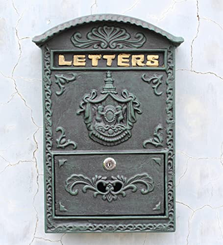 WLLLO Artisanat en fonte Boîte aux lettres murale vert foncé Boîte aux lettres Décorations de boîte aux lettres en fer forgé