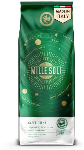 MilleSoli Caffè Crema - Kaffeebohnen geröstet in Sizilien - Traditionelles Langzeitröstverfahren mit perfekter Crema 250g Beutel, besonders säurearm für Vollautomat und Siebträger