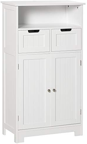 kleankin Armario de Baño con 2 Puertas Estante Ajustable 2 Cajones y Compartimento Abierto Mueble Auxiliar de Almacenaje para Salón Cocina 60x30x108,8 cm Blanco