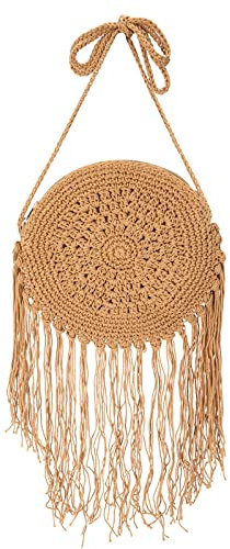 Jeesblsy Runden Strohtasche Handtasche Damen Crossbody Tasche, Retro Sommer Strand Umhängetasche, Böhmische Handarbeit Weben Schulterbeutel Geldbörse für Reisen Urlaub Freizeit, Braun