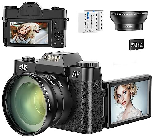 Digitalkamera, Autofokus 4K 48MP Kamera Fotokamera 16X Digitalzoom Kompaktkamera 3.0 Zoll 180-Grad-Drehung Flip-Screen Fotoapparat für Anfänger, Erwachsene (32GB Micro SD Karte & Weitwinkelspiegel)