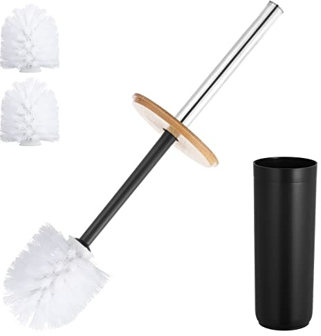 KEESIN Lot de 3 brosses de toilette en plastique de bambou avec seau de rangement, 3 têtes de brosse pour accessoires décoratifs de salle de bain (noir)