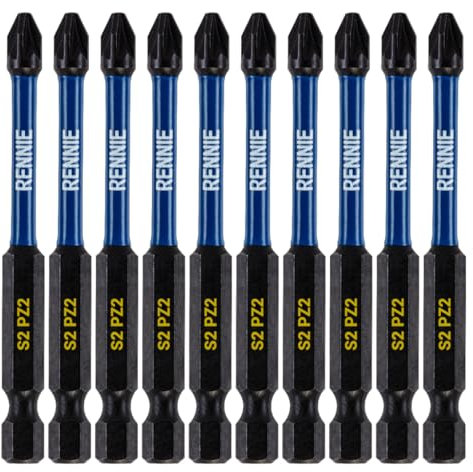 10 x Rennie Tools 75mm Long PZ2 Impact Screwdriver Driver Bits Set. Heavy Duty PoziDriv POZI No.2 Magnetic Screwdriver Bit Set. PZ2 Impact Driver Bits Pozidrive Screw Accessories. Black Oxide Coated