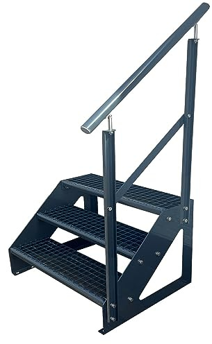 Kaminbau Mierzwa Premium trappa fristående, 3 trappsteg, antracit-räcke, höger (bredd 1 200 mm) (höjd 57 cm), väderbeständigt rutnät, trädgårdstrappa