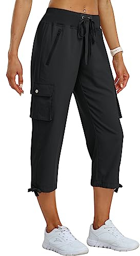 MoFiz Women's Cargo Capris Pants Loose Fit Casual Hiking Pants Lightweight Quick Dry Travel Summer Pants for Women Black L