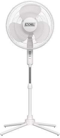 EZ-Chill 16” Oscillating Pedestal Fan, 3-speed Options, 90-Degree Oscillating Head, Adjustable Height and Tilt, Powerful Air Flow, White, MTSP15-16AZ