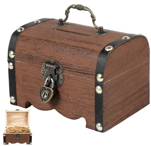 SAFIGLE Vintage Treasure Box with Lock and Key Wooden Treasure Box Piggy Bank Coin Storage Organizer Jewelry for Home Office Decor 5.70 X 3.93 X 3.93 in