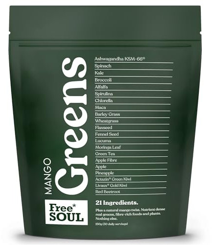 Free Soul Greens | 21 Advanced Greens, Superfoods, and Adaptogens Including KSM-66 Ashwagandha, Vegan & Gluten-Free, Advanced Natural Formula | UK Made | 30 Servings | Mango Flavour