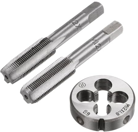 sourcing map 3pcs Metric Hand Tap & Die Set, M12 x 1 Taper/Bottom Thread Taps + Round Die, Tap and Die Kit Hand Threading Tapping Tools for Repair