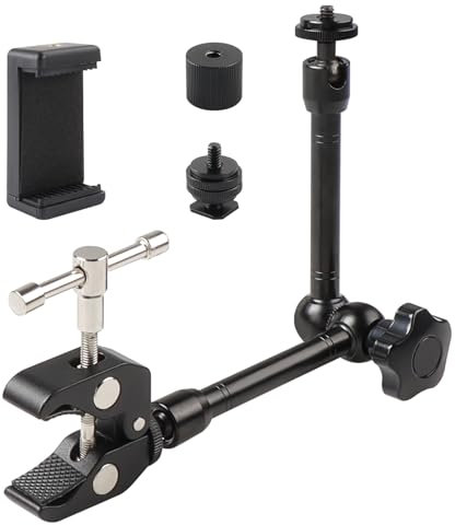 11 Inch Adjustable Articulating Magic Arm, Super Clamp with 1/4and 3/8 Screw Holes and Dual-hole Holder for Photography, Video, Camera