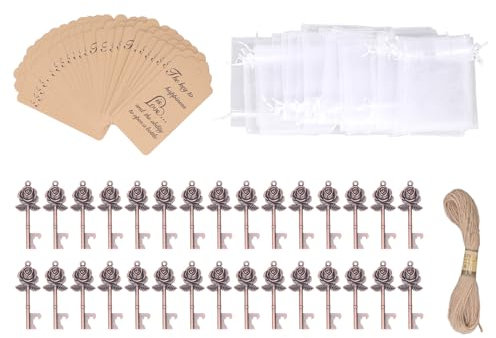 Apribottiglie con Chiave Rosa da 30 Pezzi, Apribottiglie con Chiave, Ciondolo Vintage Fai-da-te in Lega di Zinco per Decorazioni di Nozze per Feste con Cartellini, Adatto per Decorazioni di Nozze Deco