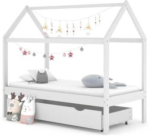 Rantry Kinderbett mit Schublade Holzbett Bett Hausbett Jugendbett Bettgestell Einzelbett Einzelbettgestell Kinderzimmer Bett Bett mit Lattenrost für Kinderzimmer Weiß 80x160 cm