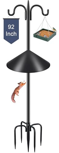 Gtongoko Bird Feeder Pole Squirrel Proof, 92 Inch Double Shepherds Hook for Outdoor with Squirrel Baffles Adjustable Heavy Duty with 5 Prongs Base for Hanging Plants, Bird Feeders, Black