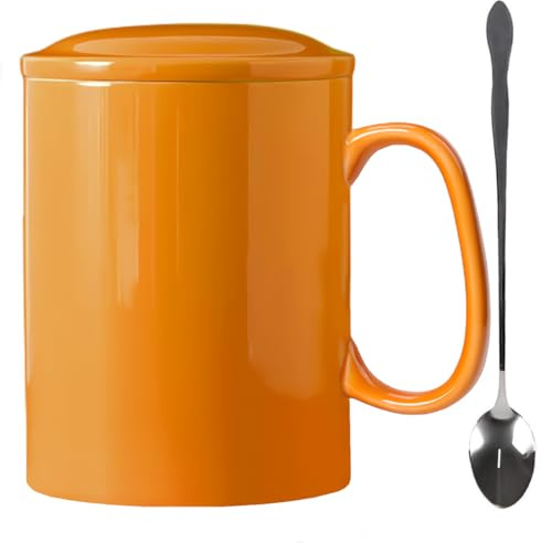 KOPYFANTAP Große Keramikbecher 1 Liter mit Deckel & Löffel, Orange | Riesige Kaffeetasse, spülmaschinenfest & mikrowellengeeignet, Jumbo Becher für Kaffee, Tee, heiße Schokolade, Zuhause & Büro