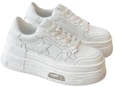 5 CM Plattformssneaker Dam Med Ventilerande Snörning Promenadsportskor Tjockklack Chunky Flats Sneakers Casual Sneakers (Color : White, Size : 37)