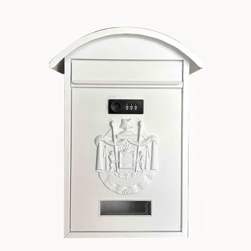 Briefkasten mit Zahlenschloss, Briefkästen Personalisiert mit Sicherheitsschlüssel, Sicherer Brifkasten Vintage zum Aufhängen, Post Box aus Gusseisen, für Den Einsatz zu Hause Oder Im Geschäft(White)