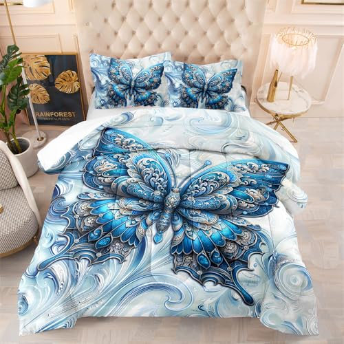 Bettdecke 140X200 Retro Schmetterling Bettdecken 200Gsm,Dünne Und Leichte Duvet,4 Jahreszeiten Bettdecken,Weiche Mikrofaser Bettdecke Mit 2 Kissenbezüge,Warm Steppbettdecke Für Allergiker
