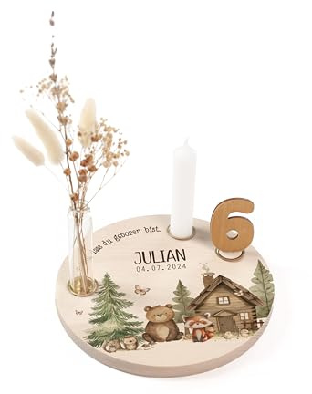 Nord-Kind® Geburtstagsteller personalisiert – Waldtiere 3 | Personalisiert aus Buchenholz, inkl. Kerze, Vase, Zahlen und Haltern; 20 cm.