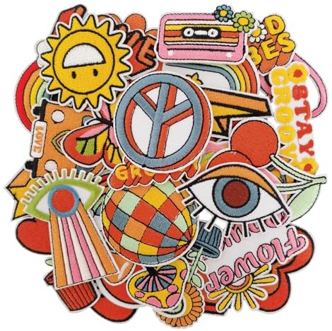 FR Hippie Iron on Patches,Sew On/Iron On Embroidered Patches Applique for Clothes, Dress, Hat, Jeans, DIY Accessories - 32 Pcs