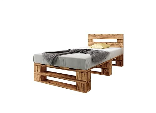 Lermowood Palettenbett M2 aus Holz 100 x 200 cm Geflammt mit Kopfteil Holzbett 40cm Stabiles Seniorenbett Kinderbett Jugendbett Gästebett erhöhtes Einzelbett Bettgestell Futon Komforthöhe Naturholz