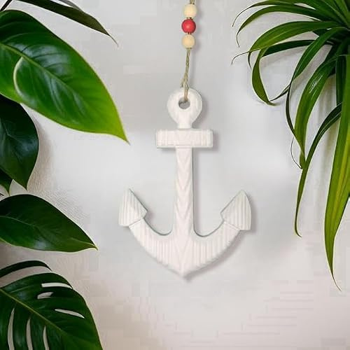 Decorative Nautical Anchor Wall Hanging, Blue, Wooden with Beaded String