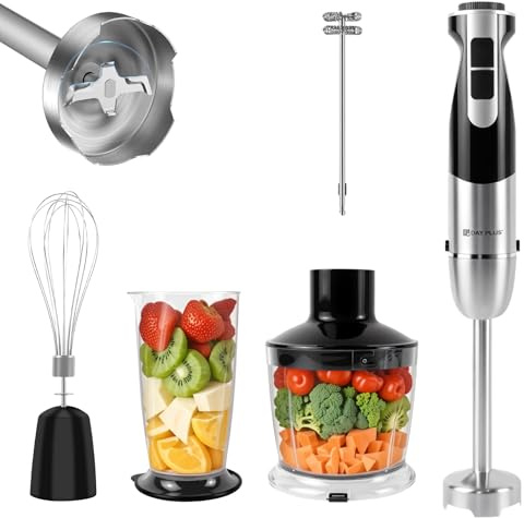 Hand Blender, 5-in-1 Stainless Steel Electric Stick Blender 1200W, 12 Speeds Adjustable, with Whisk, Frother, 500ml Chopper, 700ml Measuring Cup, BPA Free Food Processor, Black