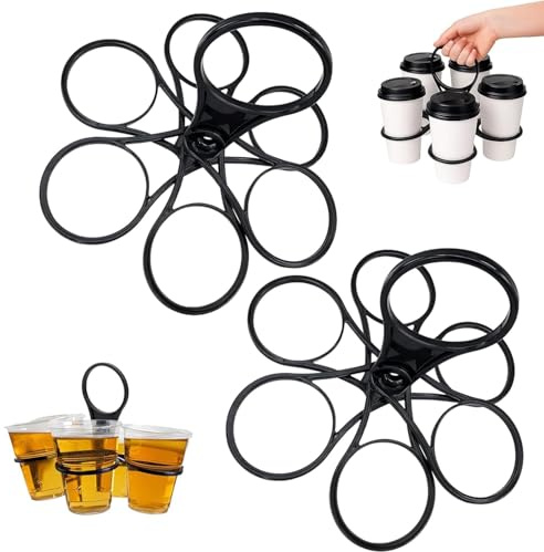 Taicols Lot de 2 porte-gobelets avec poignée, pliable, robuste, rotatif, pour 6 gobelets, pour café, bière et boissons gazeuses, noir