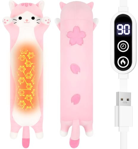 Sprinqdawin Sakura Cat Heating Pad-USB Heated Plush Stuffed Animals for Period Cramps and Menstrual Pain Relief,22” Portable Electric Kitten Heating Pads,Built-Pocket Plush Girls Birthday Gifts,Pink