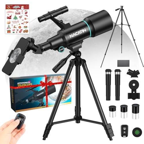 Teleskop für Kinder & Einsteiger, NACATIN 70mm Öffnung Astronomisches Refraktor Teleskop mit Stativ, Handy-Adapter, Fernbedienung (Schwarz)