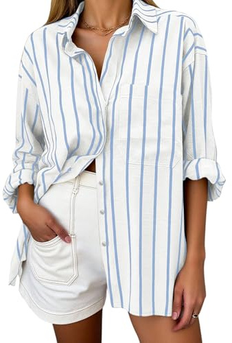 Oversized Button Down Shirts for Women Cotton Oxford Shirt Long Sleeve Collared Blouse with Pocket Beach Vacation Outfit White and Blue Striped M