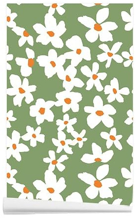 ANBILILA Selbstklebende Tapete, Vintage Viktorianisch Abziehen und Aufkleben Kontaktpapier, 44,5x500CM Grüner Hintergrund Weißes Blumenmuster Nahtlose Patchwork Abziehbare Dekofolie für Wandtattoo