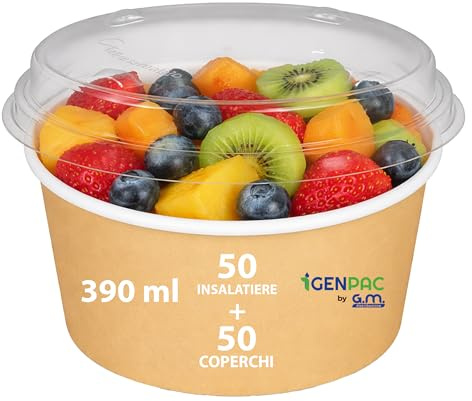 GM – 50 Coppetta Macedonia in Carta 390 ml con Coperchio Trasparente, Diametro 10,6 cm – Contenitori Alimentari per Macedonia, Poke e Piatti Freddi – Ideali per Asporto, Gastronomie, Bar e Catering