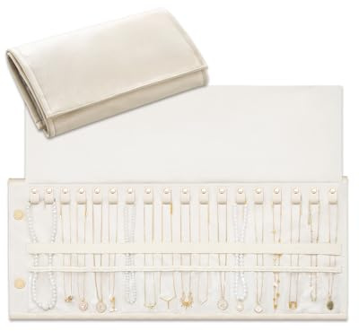 Lolalet Organisateur de Colliers de Voyage Anti-Emmêlement, Pochette Rouleau à Bijoux avec Crochets Individuels et Compartiments Transparants, Étui Élégant pour Ranger Jusqu’à 18 Colliers -Crème