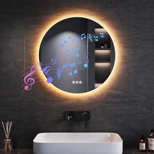 SONNI Badrumsspegel med belysning rund 60 cm, LED-spegel med Bluetooth och touch-brytare, dimbar, dimfri, 3 justerbara ljusfärger